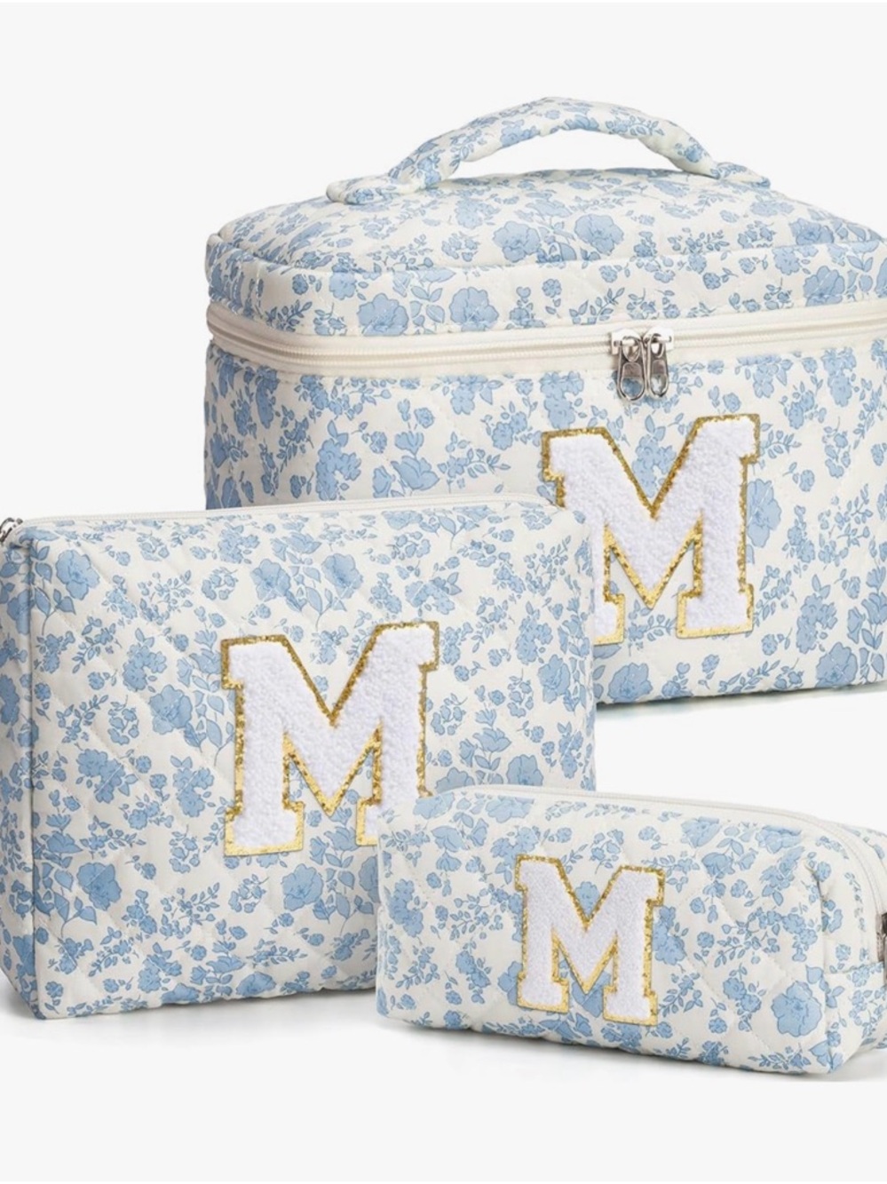 NEW Monogram Floral Blue Cosmetic Bag Set - M Initial